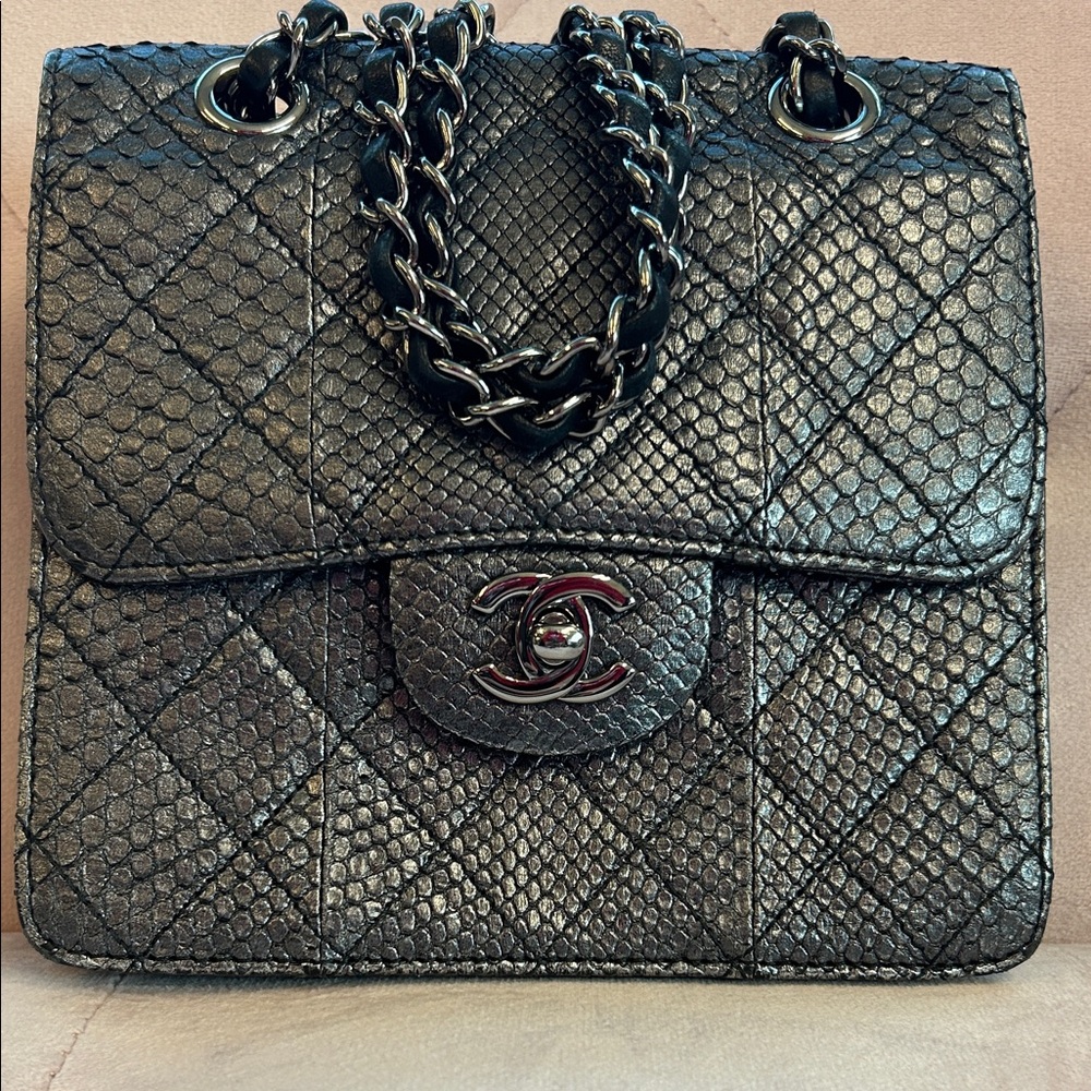 Chanel Exotic Leather Flap Bag Python Skin Gunmetal Chain Crossbody